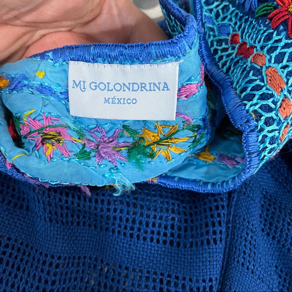 Mi Golondrina | Floral Embroidered Poncho Royal Blue Beach Coverup OS - Picture 6 of 10
